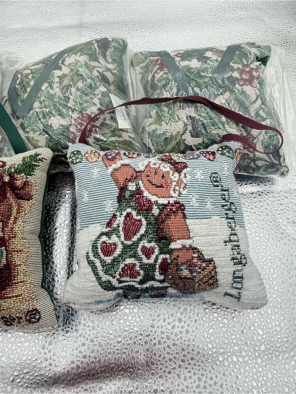 Longaberger Christmas Pillow Door Knob Hangers- Stocking, Gingerbread Set Of 5